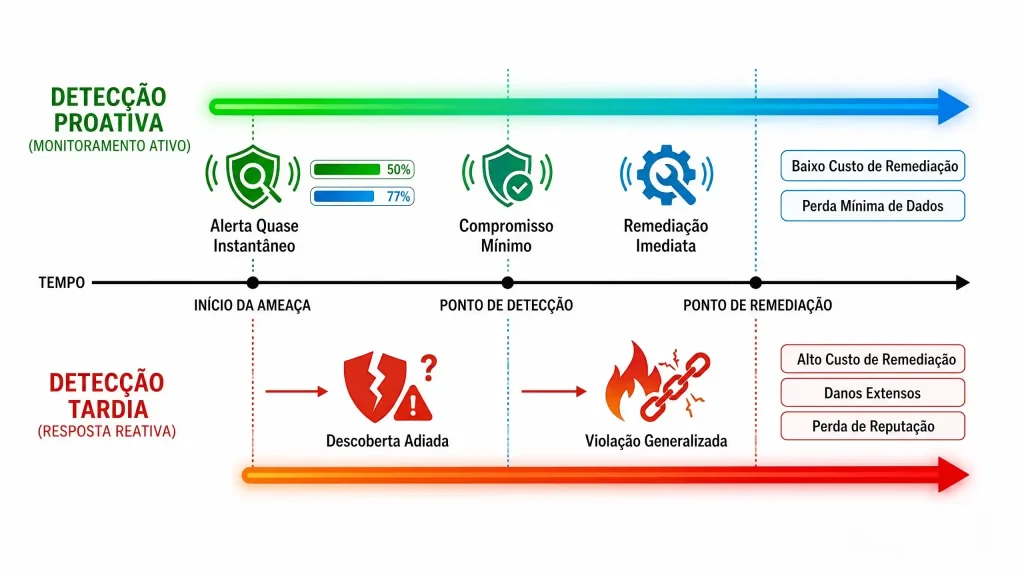 Gráfico comparativo mostrando a diferença de prejuízo financeiro entre detecção proativa em segundos vs detecção tardia após 15 minutos