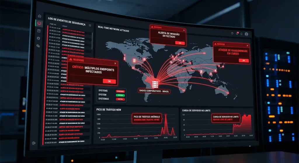 Painel de monitoramento de antimalware corporativo exibindo alertas críticos de ameaças detectadas em tempo real